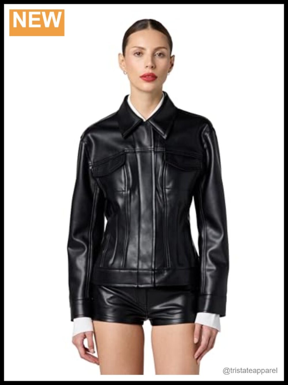 Women's Faux Leather Digital Print Zip Front Jeans Jacket